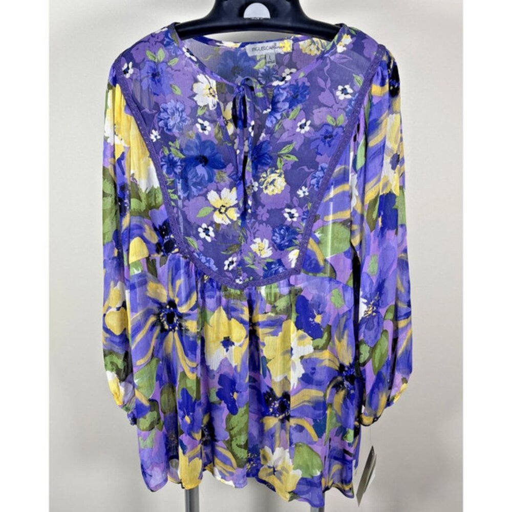 NWT Figuero & Flower Boho 3/4 Sleeve Purple Yellow Green Floral Women's Sz L